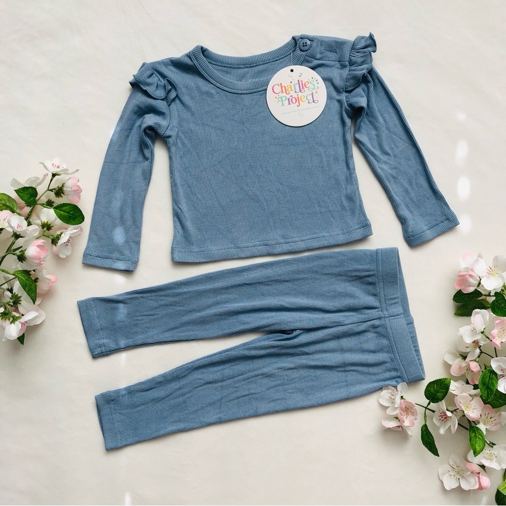 Bamboo Charlie’s Project Baby Ribbed Two-Piece Pajama Set in Dusty Blue, 6-12M